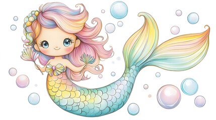 Obraz premium Whimsical Mermaid, a cheerful mermaid with rainbow hair and a shimmering tail, playfully surrounded by colorful bubbles, evokes a sense of magic and fantasy.
