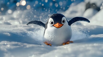 A cheerful penguin sliding on its belly across an icy landscape