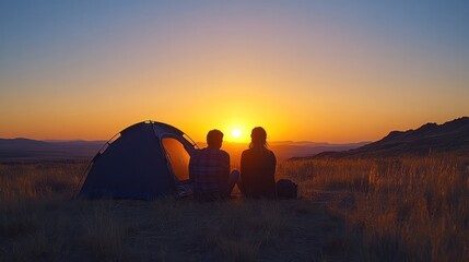 A couple enjoys a remote off-grid camping trip, their tent powered by the Momax Travel Kit, preparing to capture the sunset over the vast desert