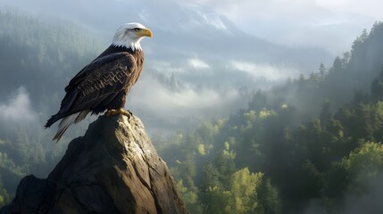 Fototapeta premium A majestic bald eagle perched on a high rock overlooking a vast forest