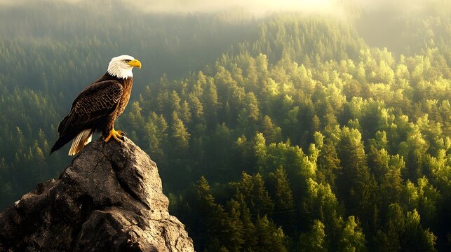 A majestic bald eagle perched on a high rock overlooking a vast forest