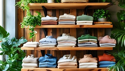 Cozy boutique with neatly arranged folded clothes on wooden shelves, surrounded by greenery and...