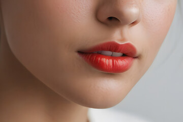 Fototapeta premium The macro photo of the closed female mouth. Chubby lips with red lipstick show a fashionable make-up and increase in lips. Cosmetology, Spa, cosmetics 