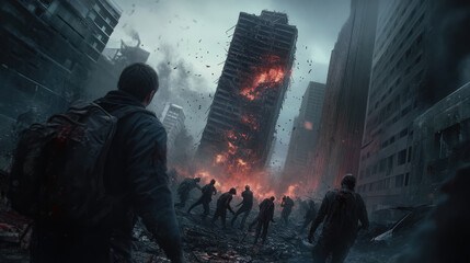 A group of people are running through a city in a post-apocalyptic world