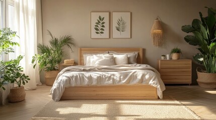 A chic bedroom featuring a comfortable bed and a wooden cabinet