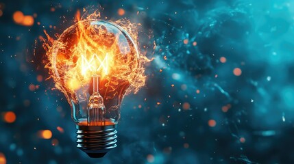 3D explosion of a light bulb, with flames erupting from the glass, set against a striking blue background.