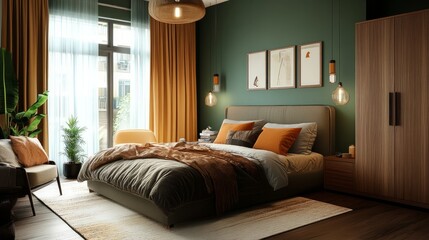 Fototapeta premium A chic bedroom featuring a comfortable bed and a wooden cabinet