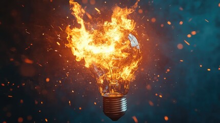3D rendering of a light bulb exploding in flames, dramatic sparks flying against a blue background, symbolizing power and energy.