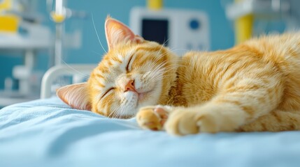 Photograph a cat resting comfortably in a well-designed hospital bed highlighting the comfort and care provided.