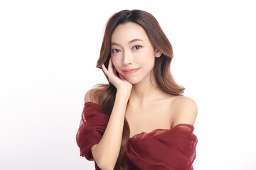 Fototapeta premium Beautiful young asian woman with clean fresh skin on white background, Face care, Facial treatment, Cosmetology, beauty and spa, Asian women portrait.