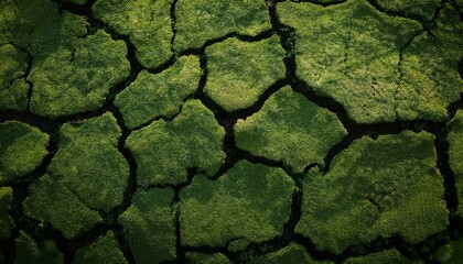 Detailed view of green moss covering cracked ground, showcasing natural texture and organic pattern with rich earthy tones.