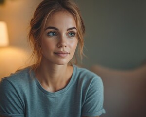 Natural light portrait of a young woman in a casual setting, looking thoughtfully into the distance.