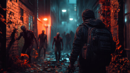 A man is walking down a street with zombies behind him