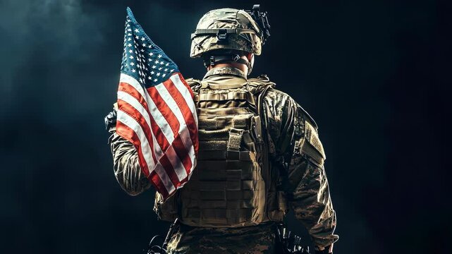 American Soldier Holding USA Flag at Night