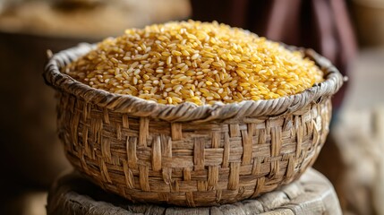 A rustic basket filled with golden rice grains, placed on a wooden surface, evoking the harvest and the simplicity of rural life