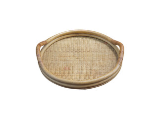Weaving rattan tray tradition handmade Thai style isolated with handle on white background , clipping path