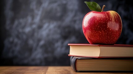 A shiny red apple atop a pile of books, with a chalkboard in the background, embodying the traditional imagery of learning and teaching