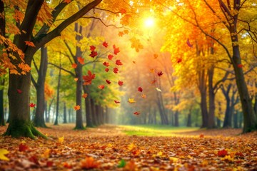 Fototapeta premium Golden and red leaves falling in autumn forest with sunlight