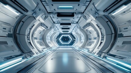 Obraz premium A sleek, high-tech futuristic spacecraft corridor with multifunctional space-age materials and glowing lights, evoking advanced technology