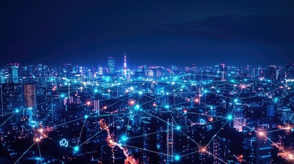 A smart city at night, illuminated with digital connectivity lines and glowing lights, symbolizing a connected urban network