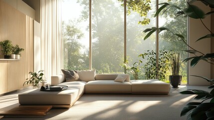 A sunlit modern living room featuring a stylish sofa and indoor plants, blending cozy design with minimalist decor and large windows.