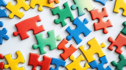 A top view of multicolored puzzle pieces scattered across a white surface, creating a playful and engaging visual of problem-solving