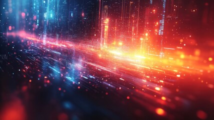 Fototapeta premium Abstract digital landscape with vibrant light trails and particles.