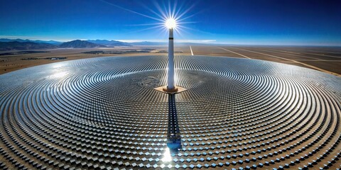 A view from the top of an asymmetrical concentrated solar power tower against a black background, sunlight, asymmetrical, electricity, sustainable, environmental, top view, tower