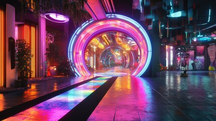A vibrant lobby with a surreal portal glowing with multicolored lights, leading to a fantastical, parallel universe.
