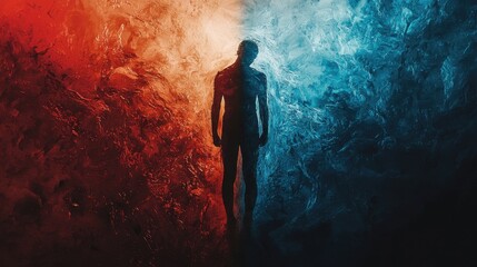 Fototapeta premium Silhouette of a person in front of contrasting red and blue smoky backgrounds, depicting the contrast between fire and ice.