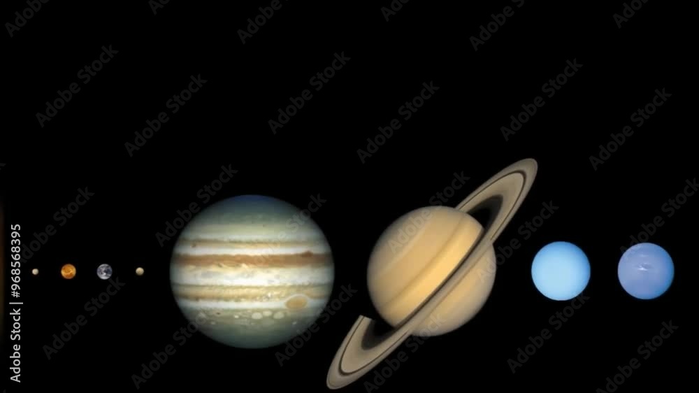 Poster zoom out of the solar system with size comparison of the planets.