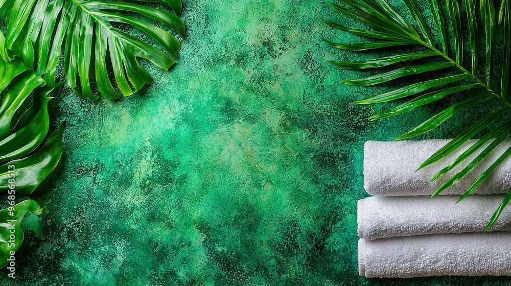 Wall mural three white towels atop a table, alongside green plants