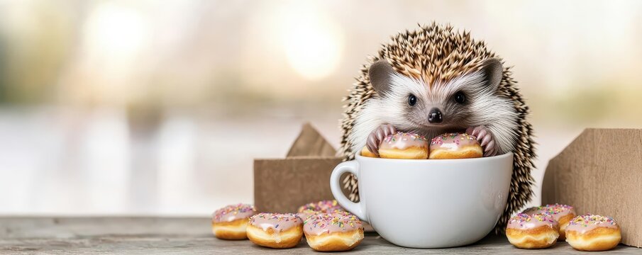 A hedgehog sitting in a coffee cup with tiny donuts at a festival stall, hedgehog, coffee cup, donuts