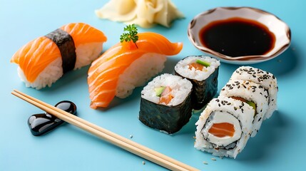 Set of sushi and maki with soy sauce over blue background