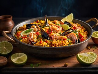 A lovely seafood paella in a traditional pan, with lemon, on a dark background