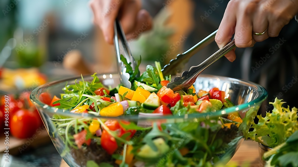 Wall mural Shareable side salad with tongs