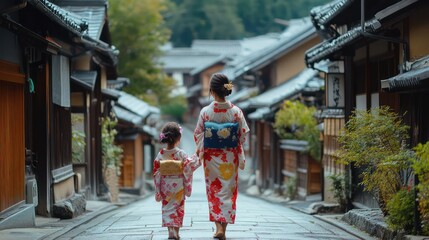 Fototapeta premium A mother and daughter wearing yukatas as they stroll through a quiet street in a small Japanese village, capturing a peaceful moment.