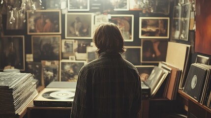 Obraz premium A person admiring the cover art of a vinyl record before playing it, highlighting the connection between the listener and the craftsmanship of the album, appealing to modern creators