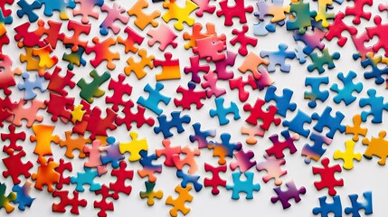 Brightly colored puzzle pieces in different shades and sizes, scattered randomly on a plain white background, ready to be assembled