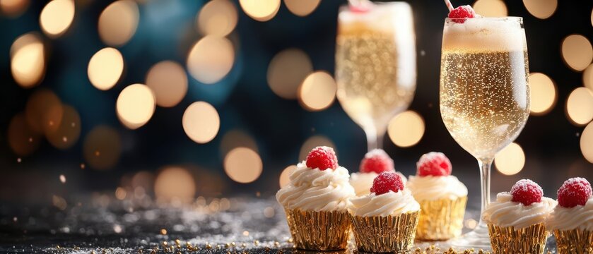 Elegant celebration setup featuring sparkling drinks and delicious cupcakes topped with raspberries, perfect for joyful gatherings.