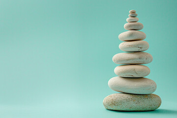 Obraz premium Pebble tower balance harmony pyramid stones arrangement on calm green relaxing background. Simple poise stones, simplicity harmony and balance, rock zen sculptures concept