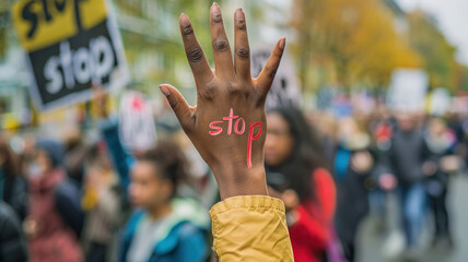 African American activist with hand up with Stop racism phrase in front of a crowd. Marching on strike protest social issues against racism