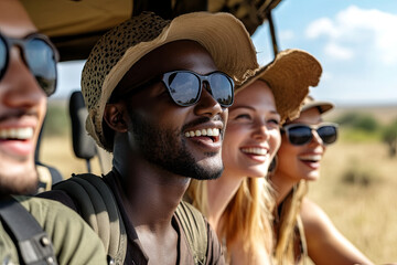 Multiracial group on a safari adventure in Africa
