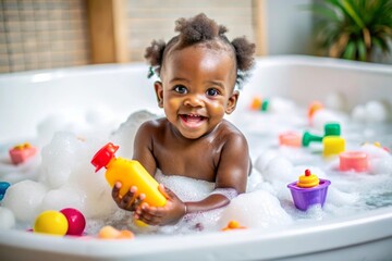 African descent kid enjoying bath tub. Bathing without tears. cute emotional baby is engaged in hygiene procedures, smiling. disinfection, prevention against diseases and viruses