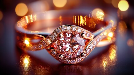   Pink diamond ring sits on top of table; adjacent diamond ring rests atop it