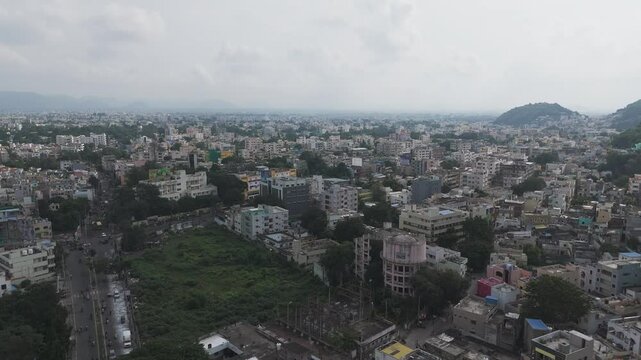 Aerial video of Vijayawada city in the Indian state of Andhra Pradesh. City life of Telugu peoples