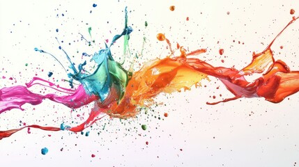 Naklejka premium Colorful paint splashes flying through the air, frozen mid-motion against a clean white background, creating a vivid, abstract composition