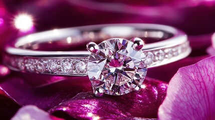   Close-up shot of a ring adorned with a diamond atop it, surrounded by a vivid pink flower