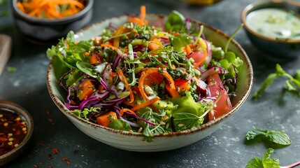 Sprouts rainbow salad with fresh vegetables and curled up carrots sweet potato and mint yogurt chutney on the side