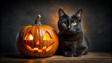 A black cat's piercing orange eyes stare out from a carved pumpkin against a dark, foreboding backdrop.